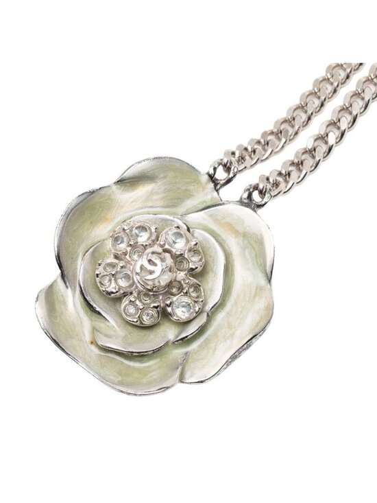 Chanel Camellia CC Logo Line Stone Chain Belt 2 Rows Silver Metal